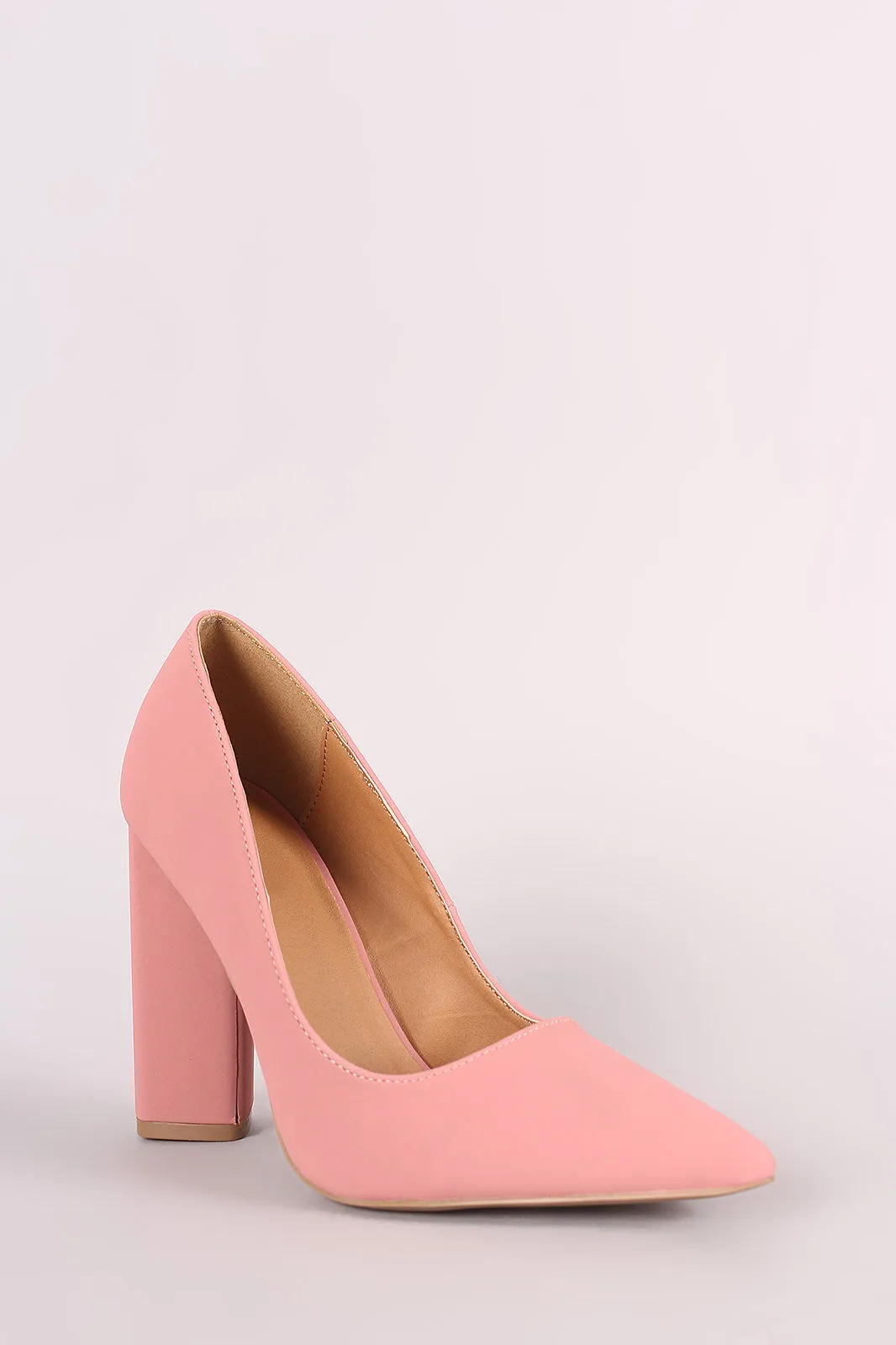 Qupid Nubuck Pointy Toe Chunky Heeled Pump