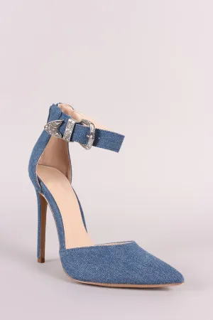 Shoe Republic LA Denim Pointy Toe Buckled Ankle Strap Pump