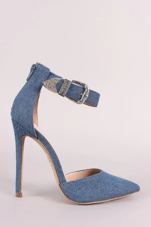 Shoe Republic LA Denim Pointy Toe Buckled Ankle Strap Pump