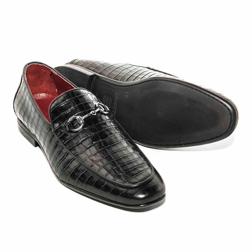 SIGOTTO UOMO Crocodile Print Black Leather Loafer