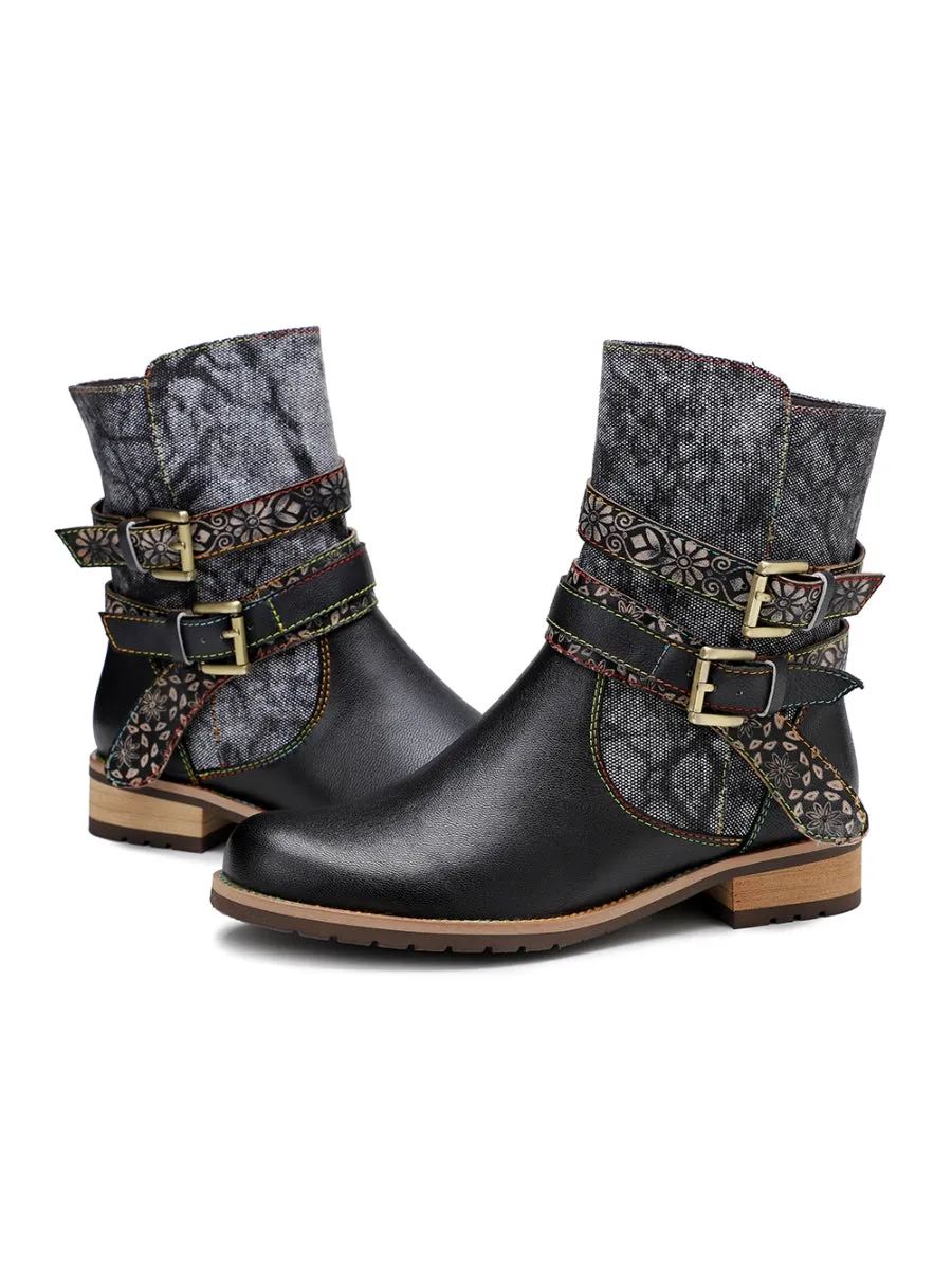 SOFFIA | Genuine Leather Gold Floral Embossed Strap  Moto Boots