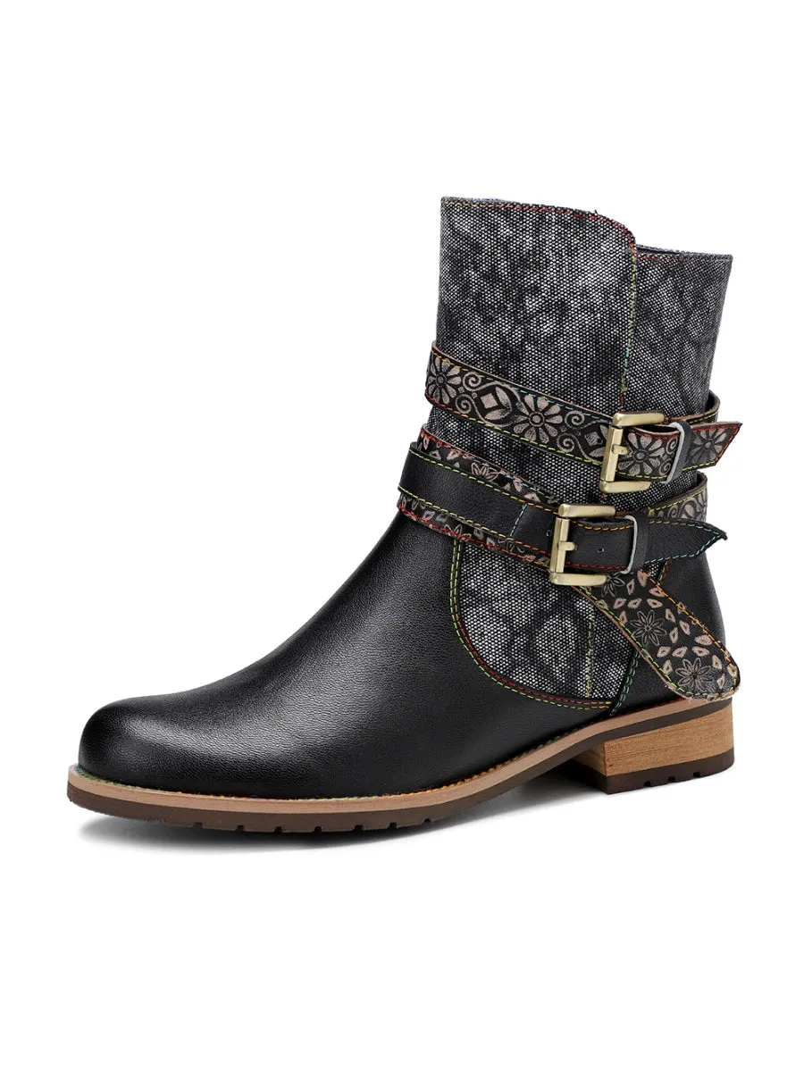 SOFFIA | Genuine Leather Gold Floral Embossed Strap  Moto Boots