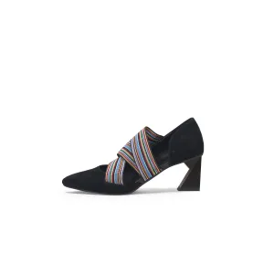 Striped Ribbon-Trim Pointed Toe Pumps