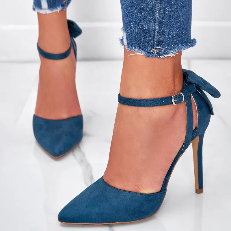 Suede Bow Decor Stiletto Heeled Ankle Strap Pumps