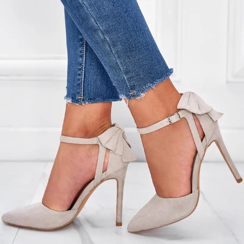 Suede Bow Decor Stiletto Heeled Ankle Strap Pumps