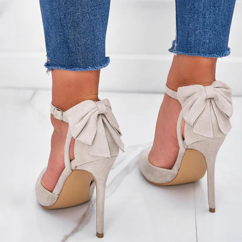 Suede Bow Decor Stiletto Heeled Ankle Strap Pumps