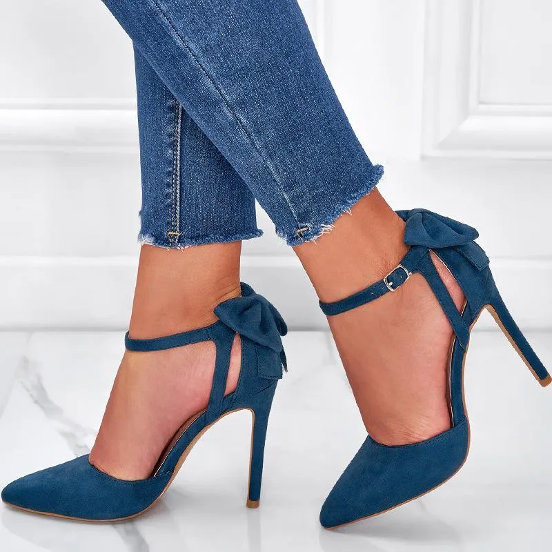 Suede Bow Decor Stiletto Heeled Ankle Strap Pumps