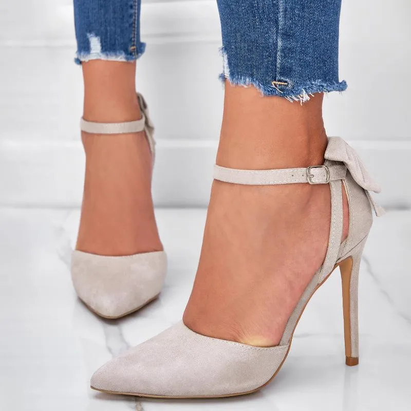 Suede Bow Decor Stiletto Heeled Ankle Strap Pumps