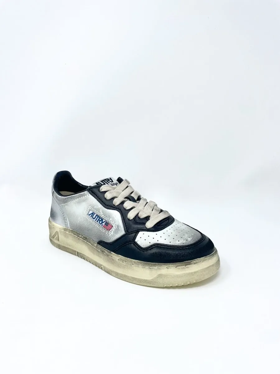 Super Vintage Low Sneakers in White, Black and Silver Leather