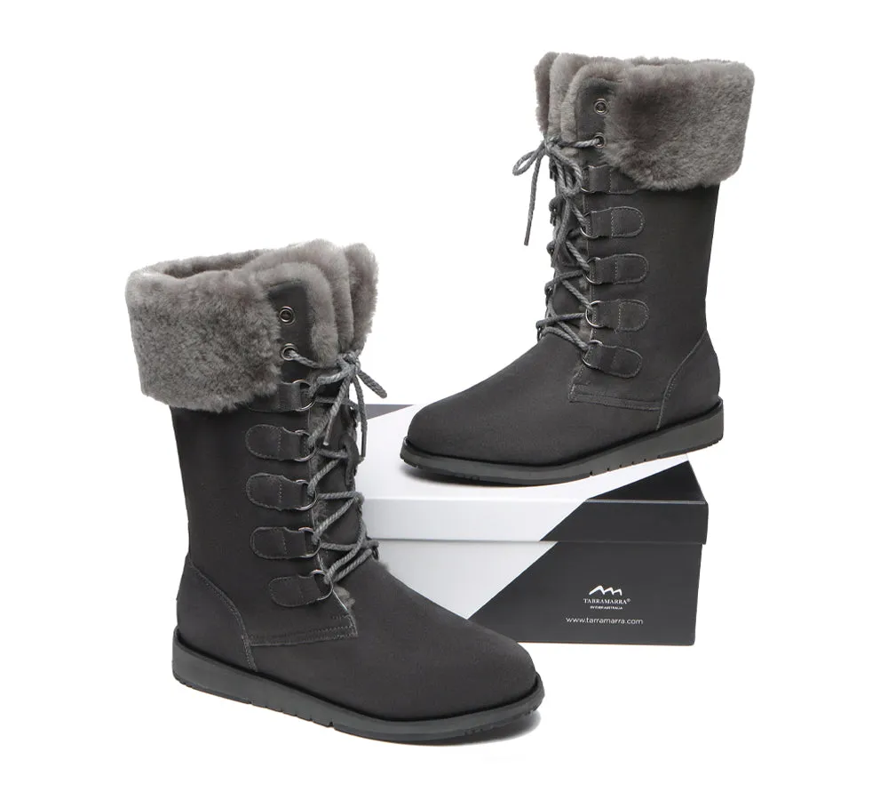 TARRAMARRA® UGG Boots Women Sheepskin Wool Lace Up Mid Calf Becky