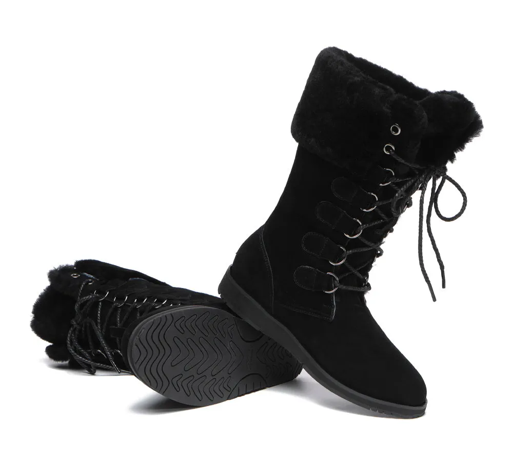 TARRAMARRA® UGG Boots Women Sheepskin Wool Lace Up Mid Calf Becky