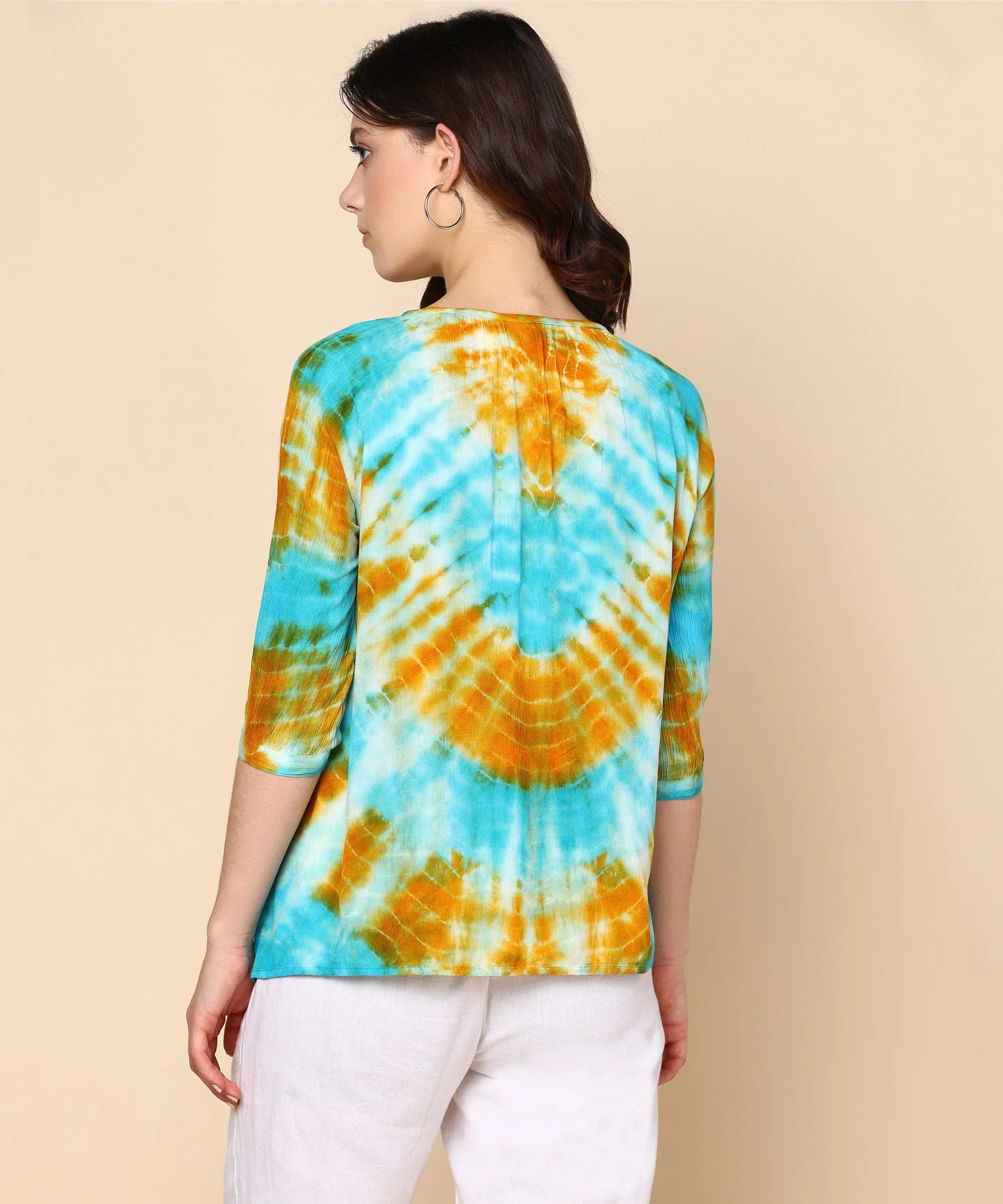 Teal and Mustard Circular Tie Dye Rayon Crepe Top