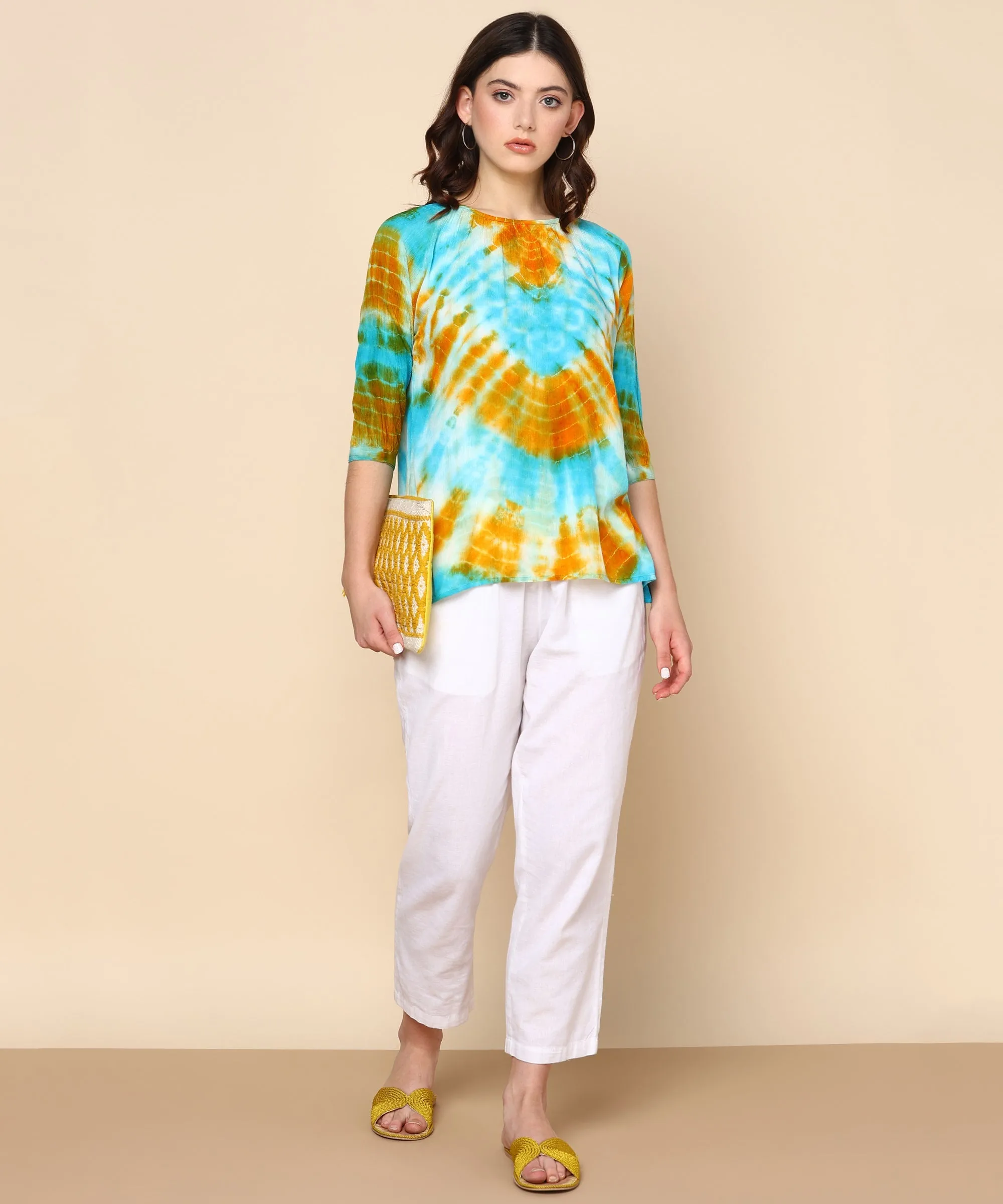 Teal and Mustard Circular Tie Dye Rayon Crepe Top