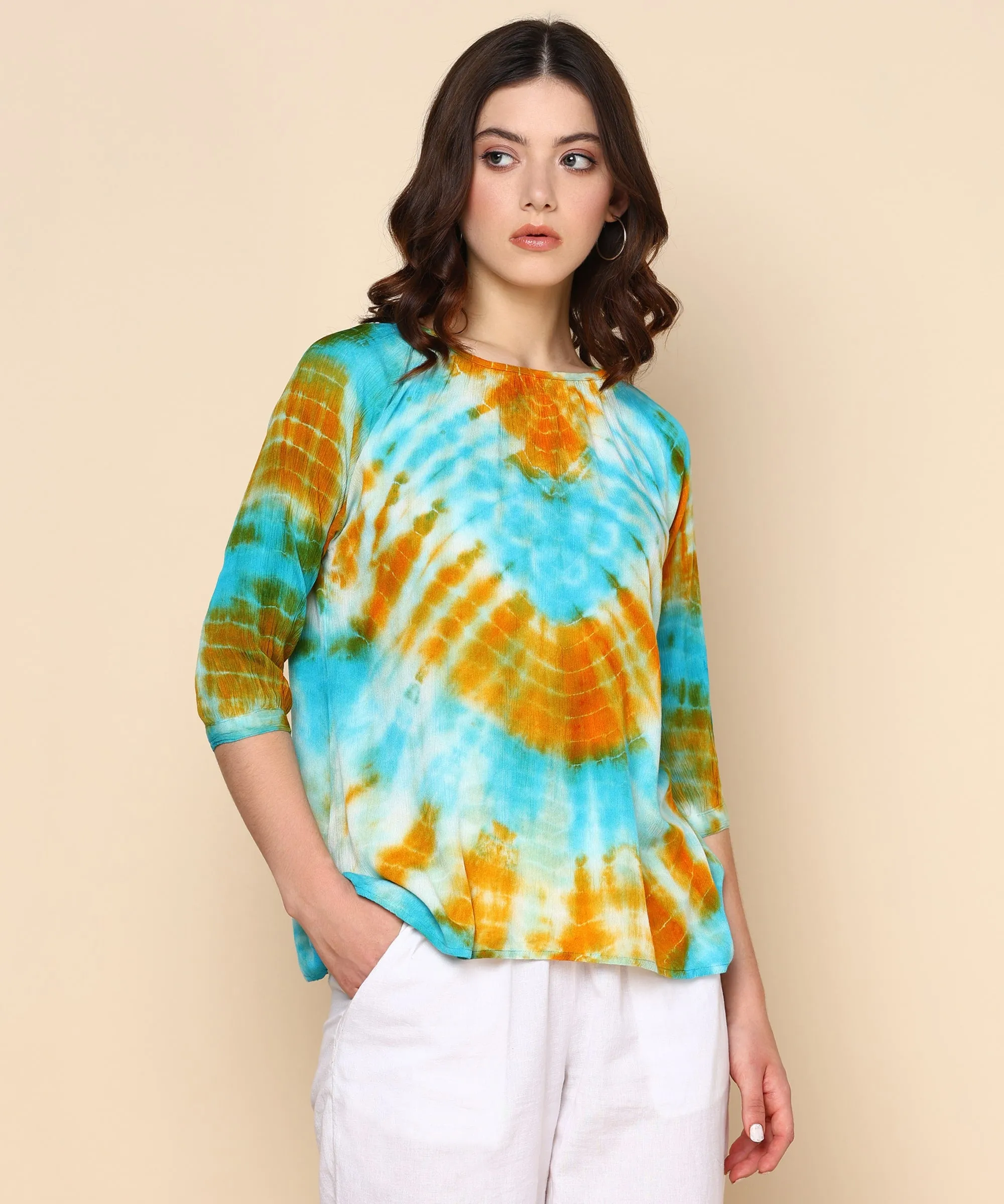 Teal and Mustard Circular Tie Dye Rayon Crepe Top