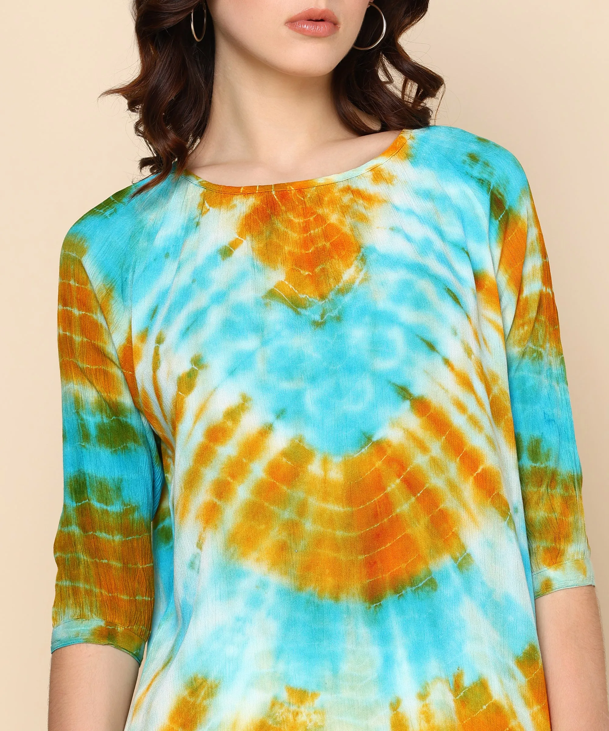 Teal and Mustard Circular Tie Dye Rayon Crepe Top