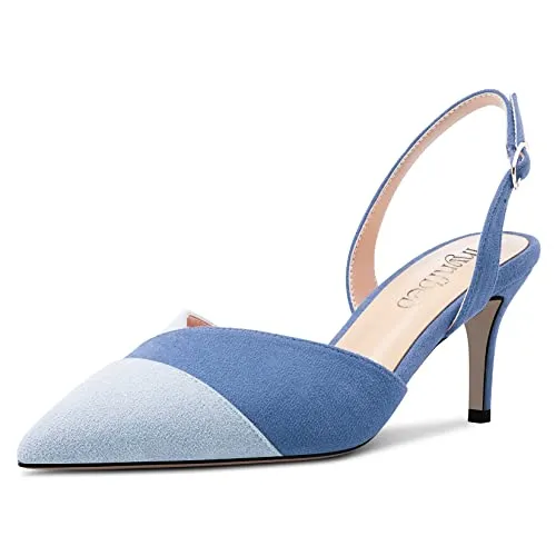 TNYNFBEB Women Mid Heel Pointed Cap Toe Sandals Ankle Strap Slingback Buckle Patchwork Wedding Party Cute Basic Classic 2.6 Inches Heels Blue