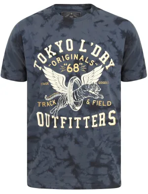 Track & Field Motif Tie Dye Cotton Jersey T-Shirt In Vintage Indigo - Tokyo Laundry