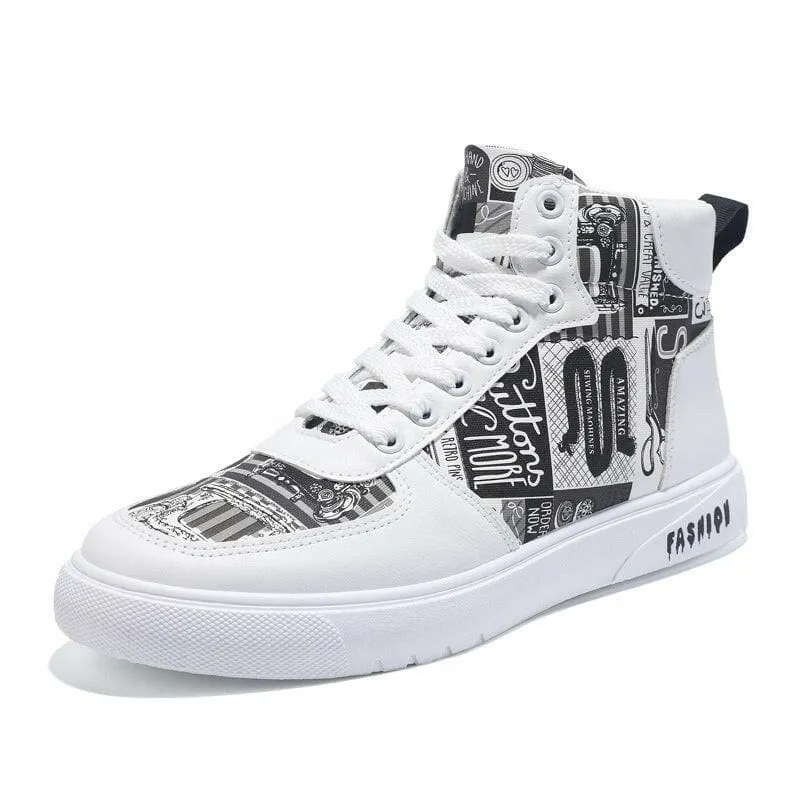 Trendy Mens Graffiti High Top Casual Sports Shoes in White and Colorful Print