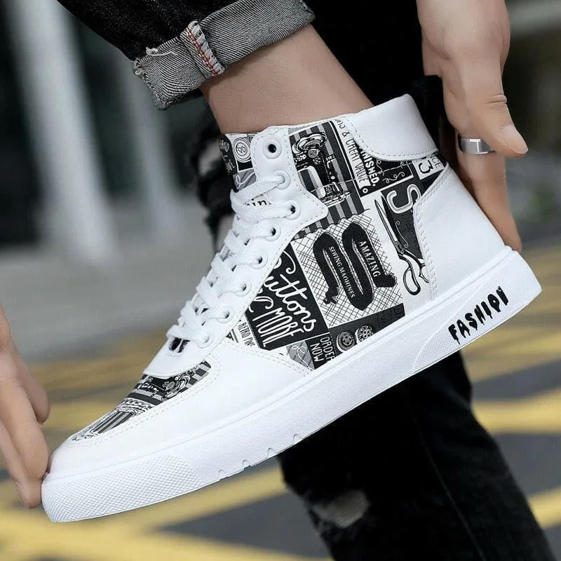 Trendy Mens Graffiti High Top Casual Sports Shoes in White and Colorful Print