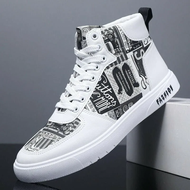 Trendy Mens Graffiti High Top Casual Sports Shoes in White and Colorful Print