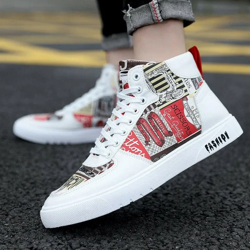 Trendy Mens Graffiti High Top Casual Sports Shoes in White and Colorful Print