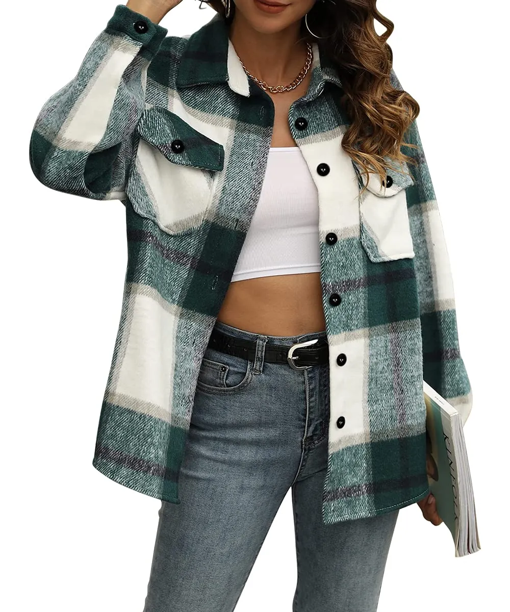 Trendy Queen Womens Flannel Shacket Casual Jacket Plaid Button Down Long Sleeve Shirt Fall Winter Outfits