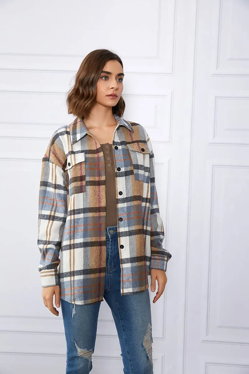 Trendy Queen Womens Flannel Shacket Casual Jacket Plaid Button Down Long Sleeve Shirt Fall Winter Outfits