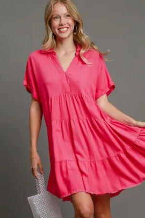 Umgee Hot Pink Raw Hem Folded Sleeve Tiered Dress Plus Size