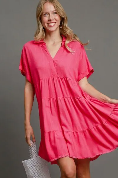 Umgee Hot Pink Raw Hem Folded Sleeve Tiered Dress Plus Size