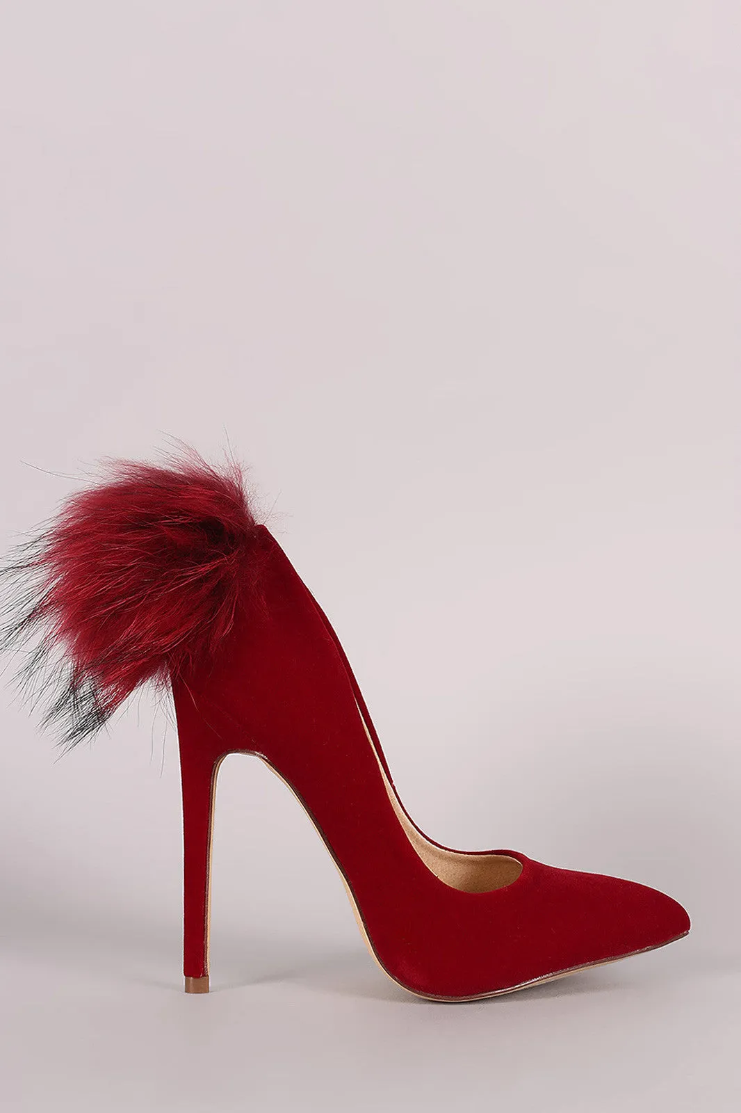 Velvet Fur Pompom Pointy Toe Stiletto Pump