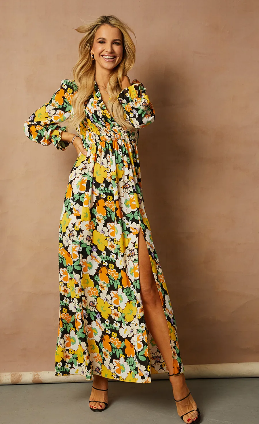 Vintage Floral Shirred Mock Wrap Maxi Dress by Vogue Williams