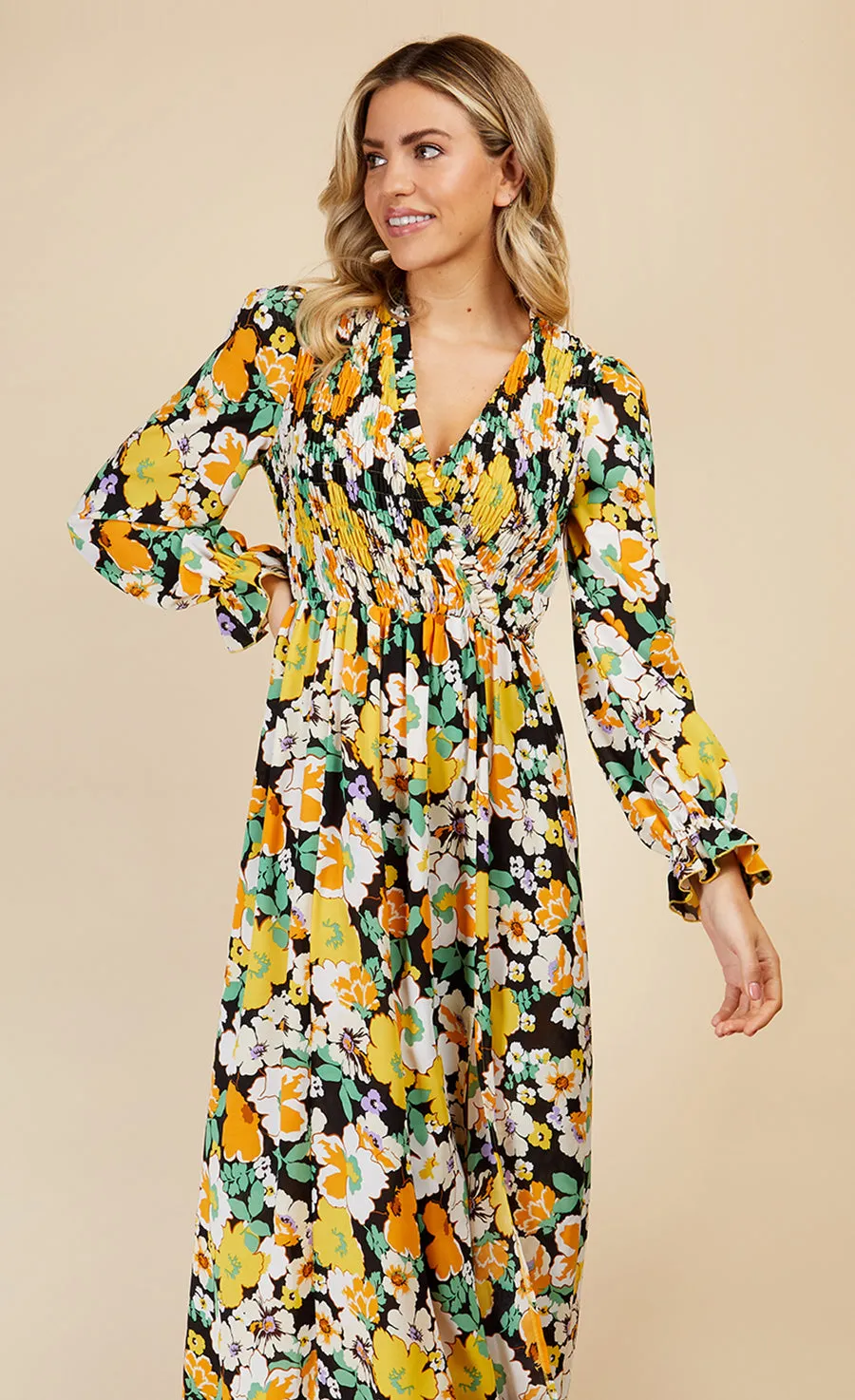 Vintage Floral Shirred Mock Wrap Maxi Dress by Vogue Williams