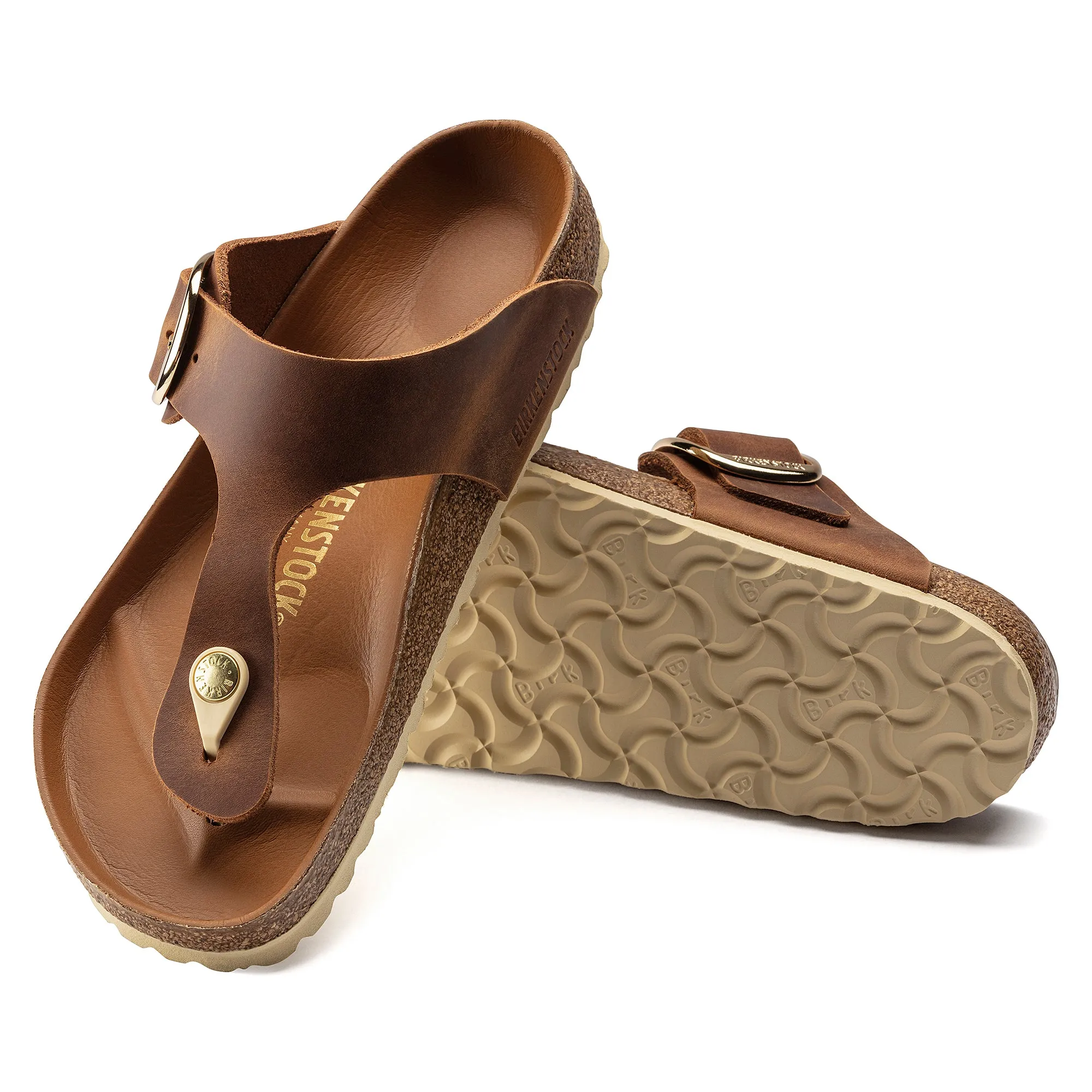 Women's Birkenstock Gizeh Big Buckle Oiled Nubuck Leather Color: Cognac