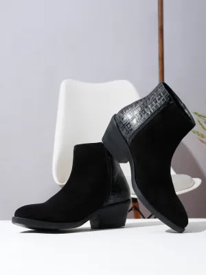 Women's Black Croco Texture With Suede Lether Mid-Ankle Blocked Heel Boots