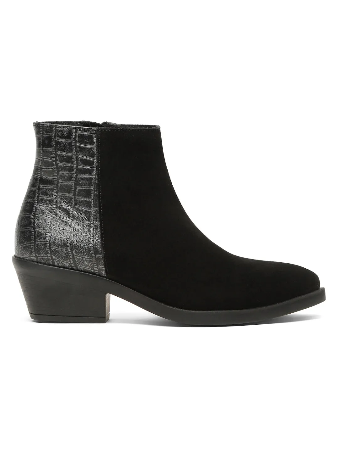 Women's Black Croco Texture With Suede Lether Mid-Ankle Blocked Heel Boots