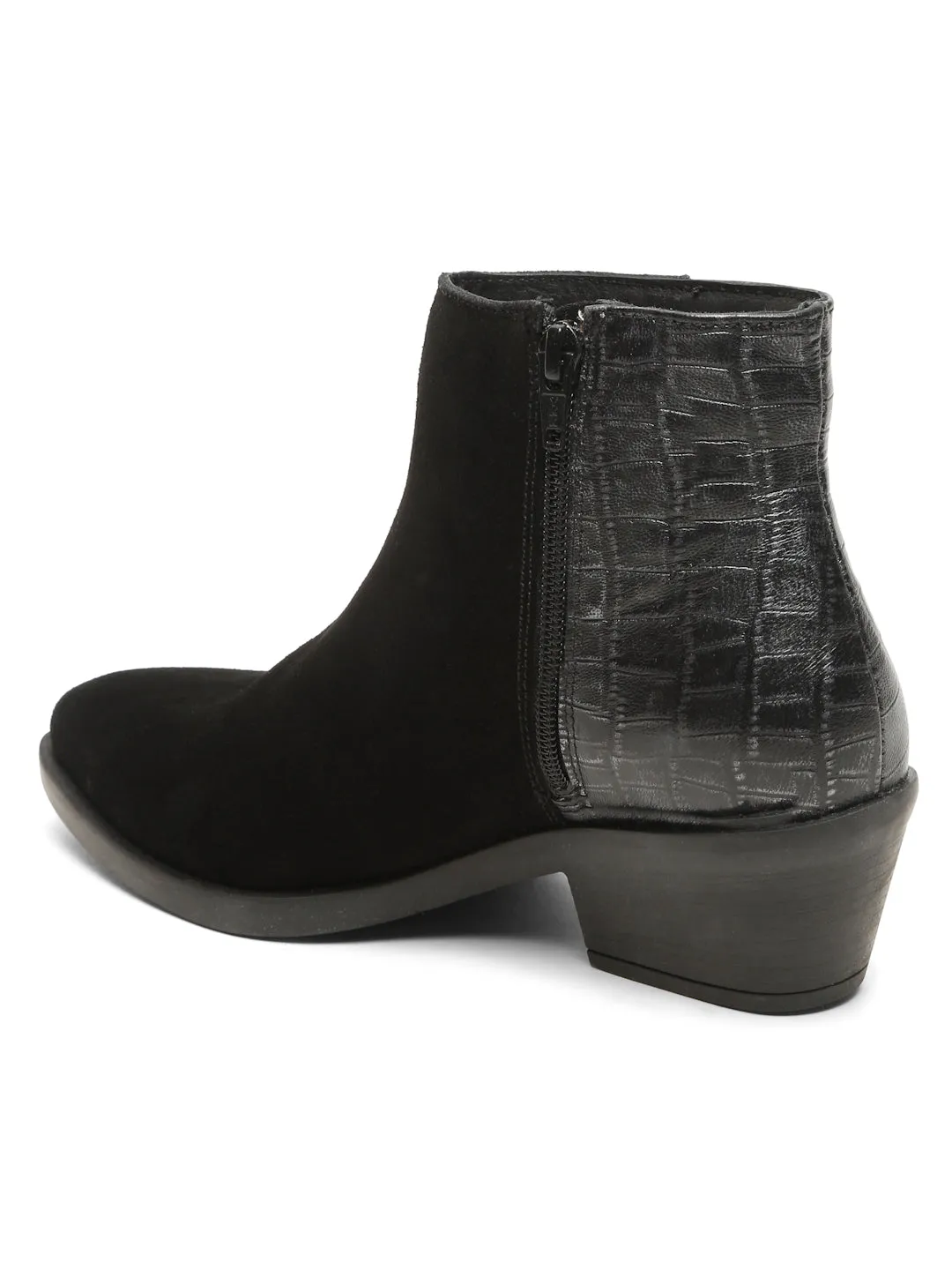 Women's Black Croco Texture With Suede Lether Mid-Ankle Blocked Heel Boots