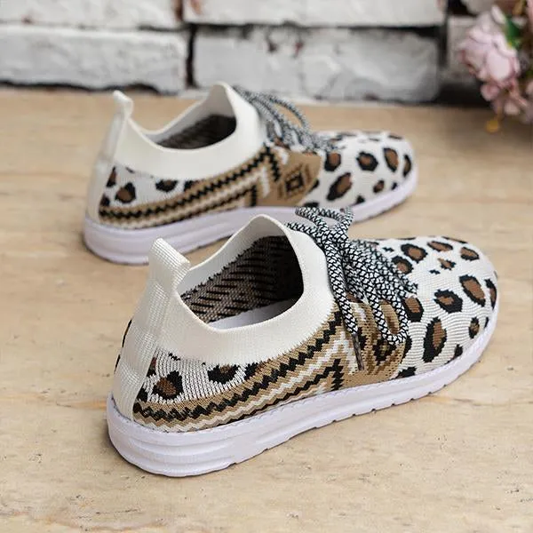 Women's Casual Flyweave Lace-Up Leopard Print Sneakers 33743420S