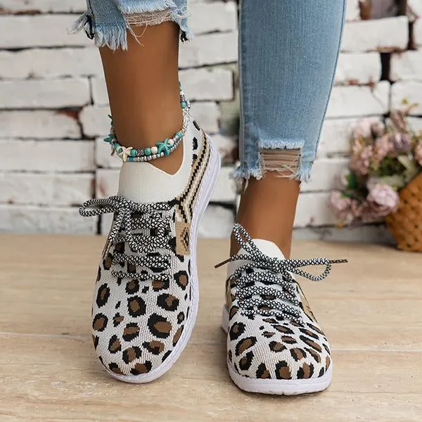 Women's Casual Flyweave Lace-Up Leopard Print Sneakers 33743420S