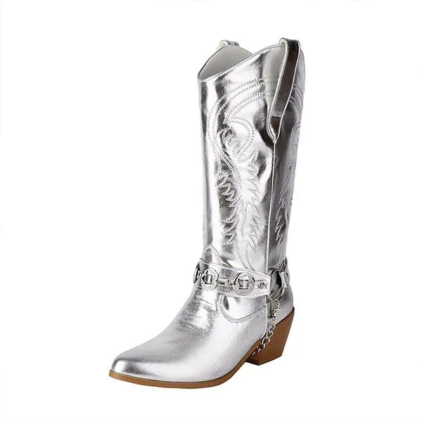 Women's Fashion Metal Buckle Chunky Heel Cowboy Boots 00949097S