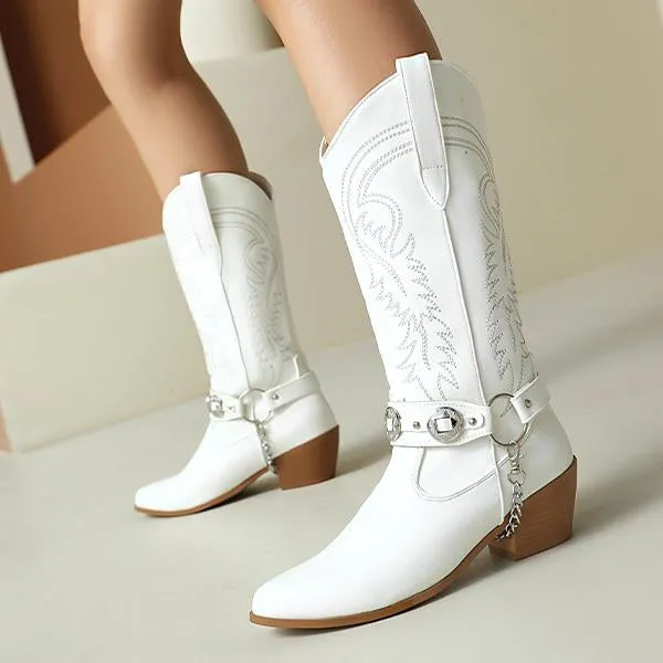 Women's Fashion Metal Buckle Chunky Heel Cowboy Boots 00949097S