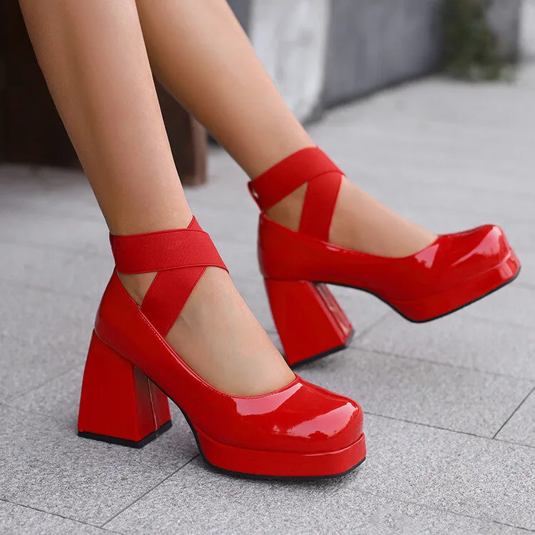 Women's Glossy Bling Square Toe Block Heel Platform Ankle Strap Pumps