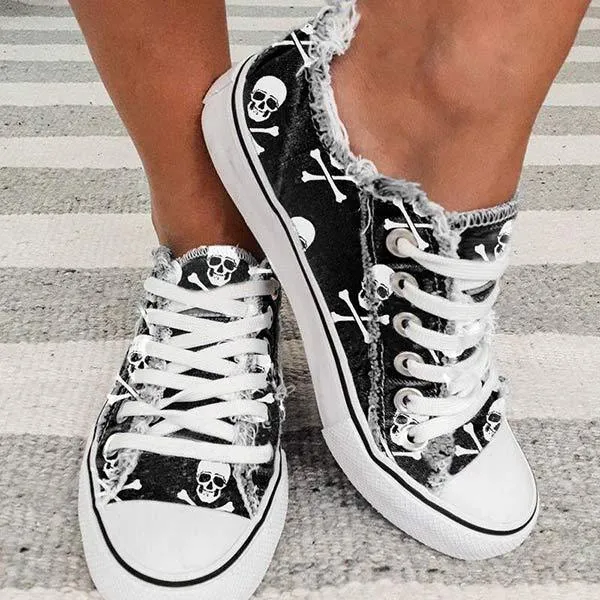 Women'S Halloween Skull Bones 3d Print Denim Canvas Sneakers 90680773C