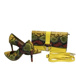 Yellow Shoes Snake Printed Leather With Hand Bag Set